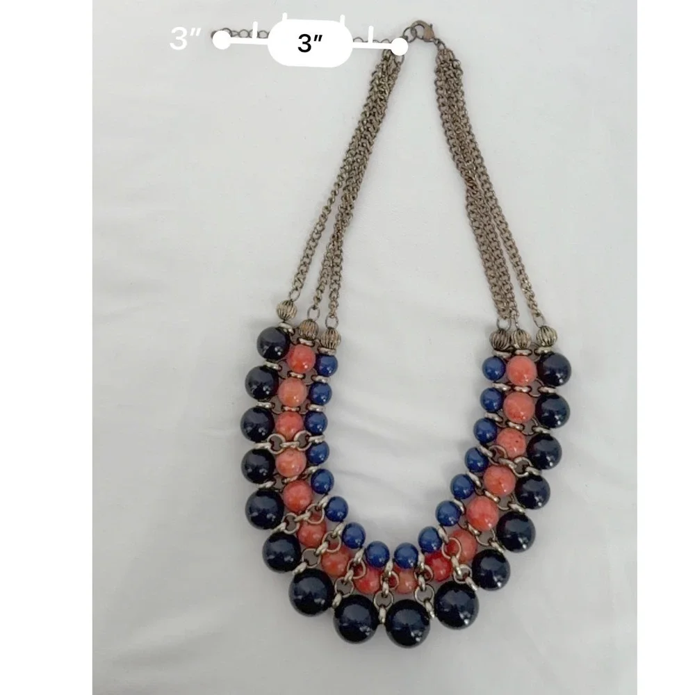 Eva Mendes NY & Co Triple Strand Bib Necklace Blue Coral Bead Gold Tone 103-192